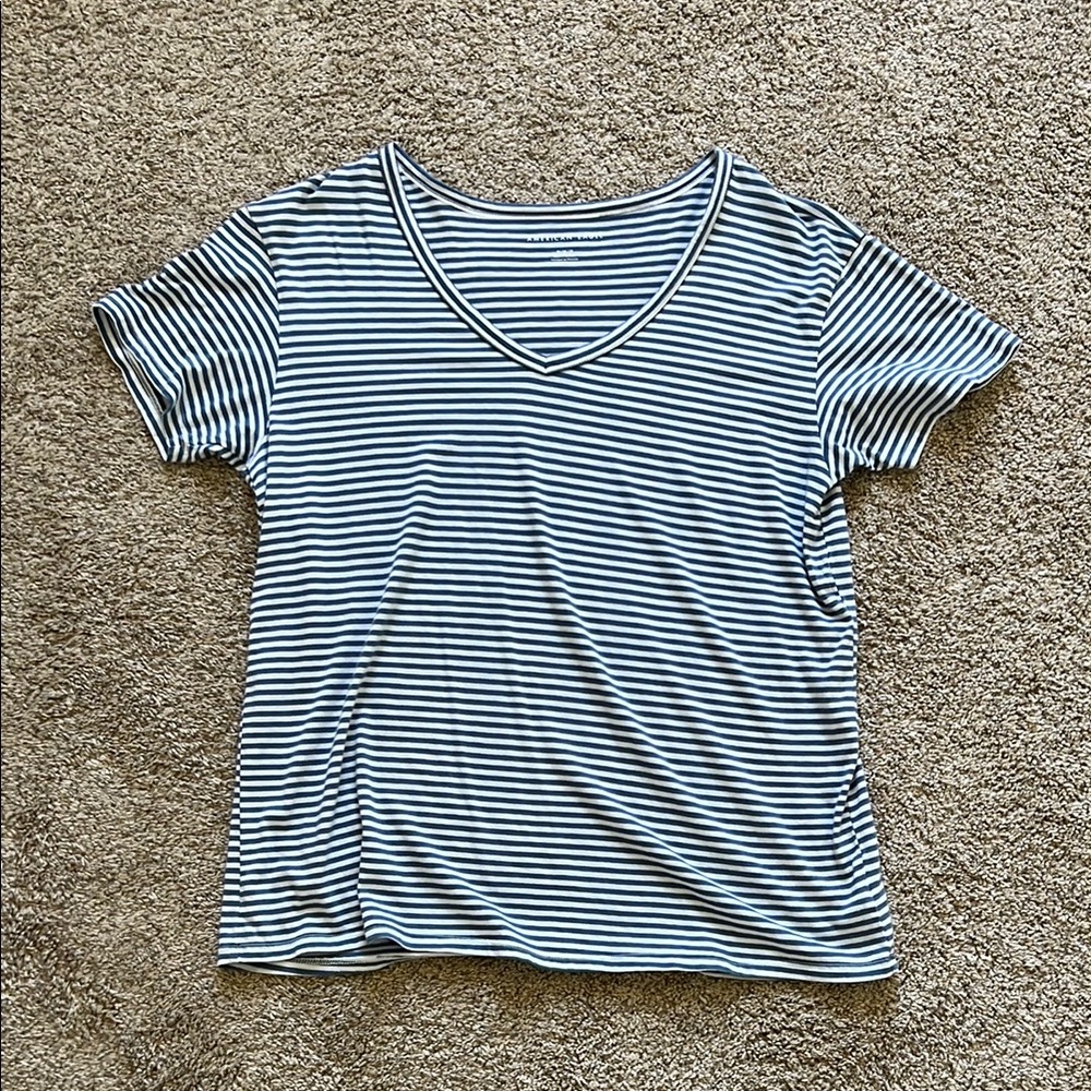American Eagle AE Blue and White Short Sleeve V Neck Tee